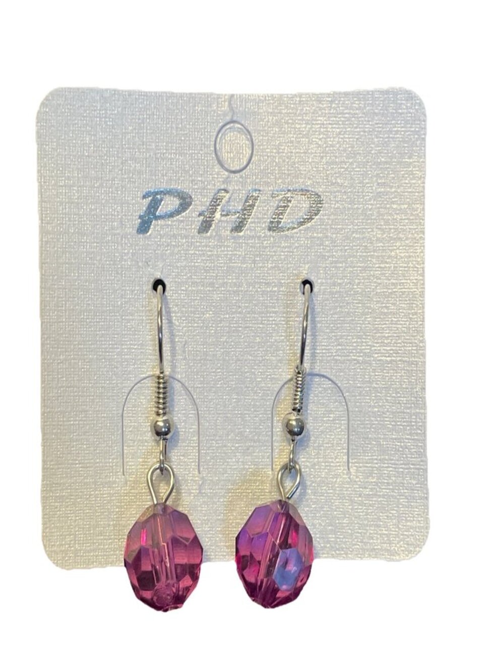 PHD Fuchsia Pink Round Faceted Bead Dangle Drop Earrings Silver Tone Fashion